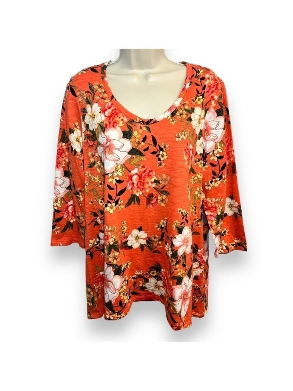Chico’s Women’s Cotton-Blend Slub Floral-Print Tee Coral Size 1 (Medium)